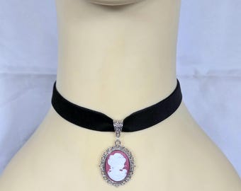 Black Velvet Pink Cameo Choker Necklace, Victorian Gothic Pendant, Romantic Cottagecore Jewelry