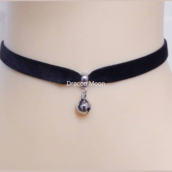 Black Velvet Ribbon Choker, Bell Necklace, Cute Kitty Cat Collar, Bell Drop, Gothiic, Sub Uk