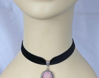 Black Velvet Choker Necklace,  Pink Lady Cameo Pendant