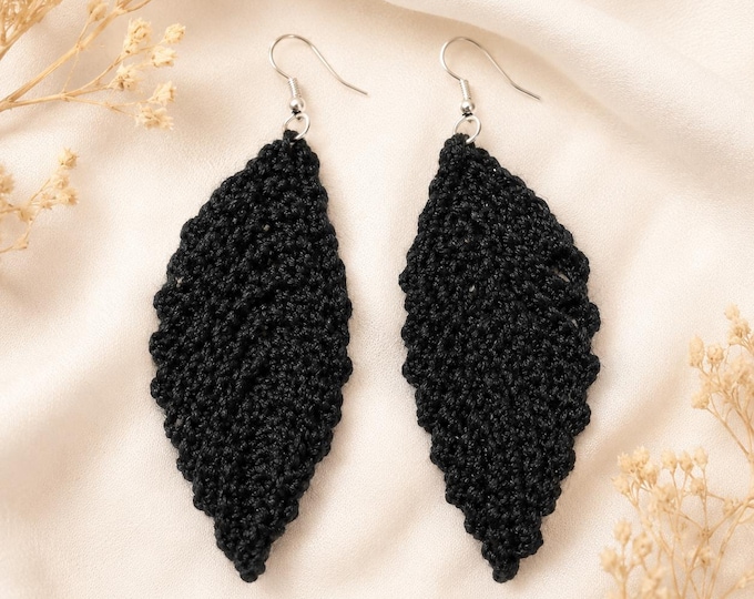 Black Crochet Earrings, Lightweight Free Flow Fiber Jewelry, Sterling Silver Hooks