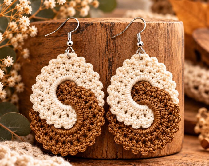 Handmade Crochet Swirl Earrings, Cotton Thread Dangle, Sterling Silver Hooks