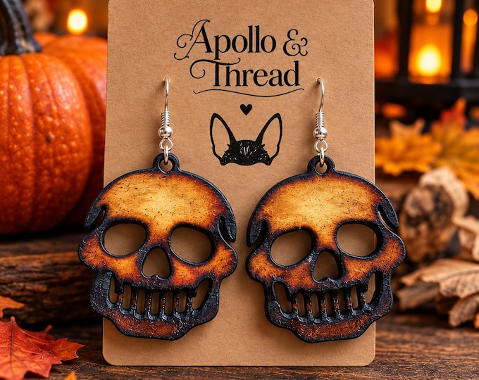 Wooden Skull Earrings, Halloween Dangle Earrings, Gothic Jewelry