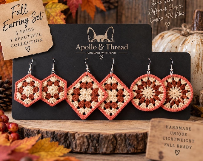 Handmade Crochet Earrings Set, Autumn Granny Square, Sterling Silver Hooks