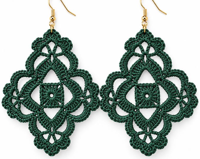Crochet Lace Earrings, Deep Green