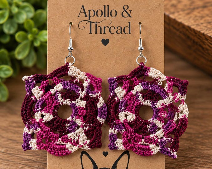 Pink & Purple Crochet Statement Earrings – 2.5 Inch