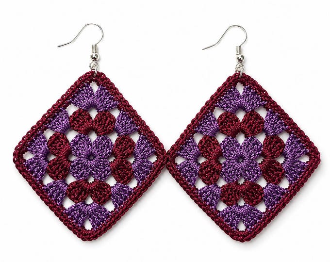 Purple & Burgundy Granny Square Crochet Earrings