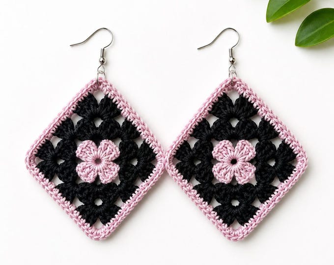 Pink & Black Granny Square Crochet Earrings