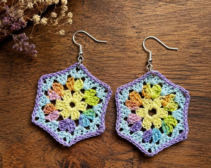 Floral Crochet Earrings, Colorful Hexagon Dangle Earrings, Sterling Silver Hooks, Handmade Boho Jewelry