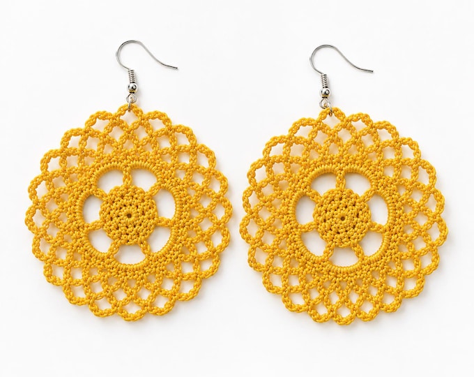 Yellow Crochet Lace Earrings – Doily Statement Earrings