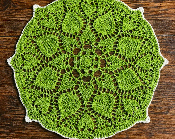Handmade Green Crochet Doily, Pineapple Lace, White Edging, Raised Texture Decor