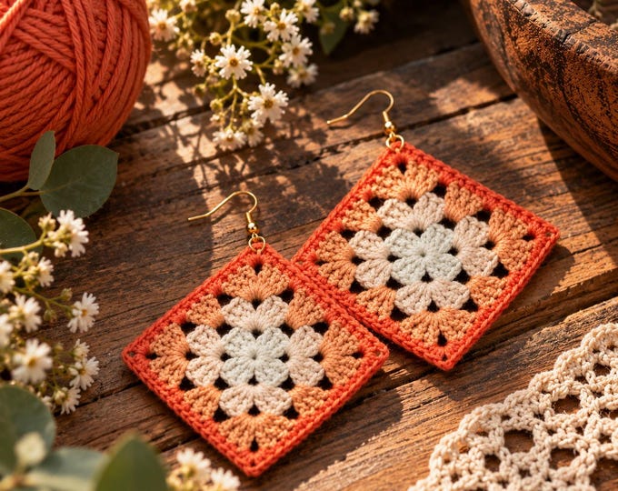 Coral & Cream Crochet Granny Square Earrings