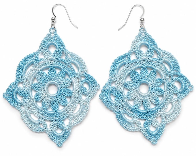 Blue Victorian Crochet Statement Earrings | Sterling Silver Hooks | Handmade Lace Earrings | Lightweight Boho Jewelry