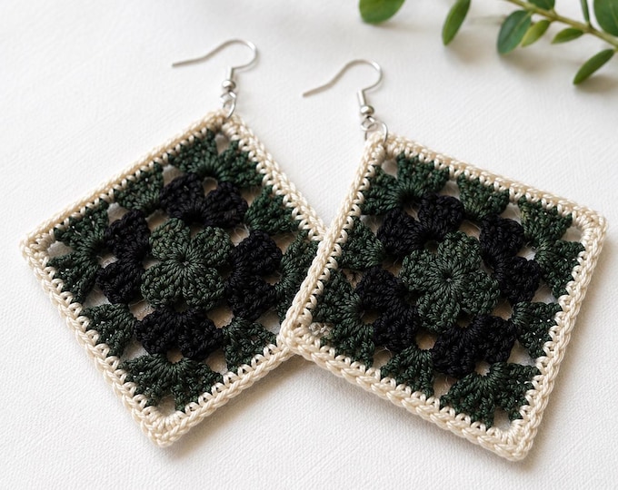 Dark Green Granny Square Crochet Earrings