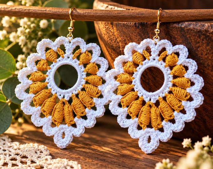 Handmade Crochet Earrings – White & Gold