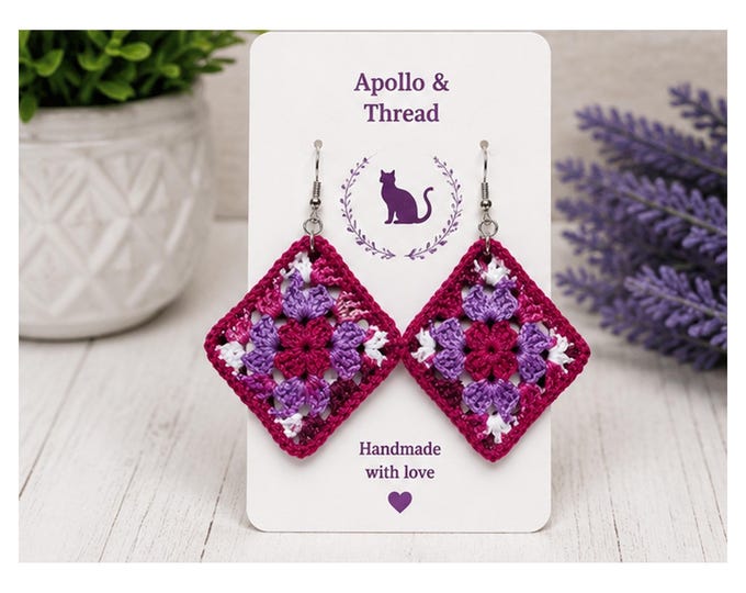 Raspberry Granny Square Crochet Earrings