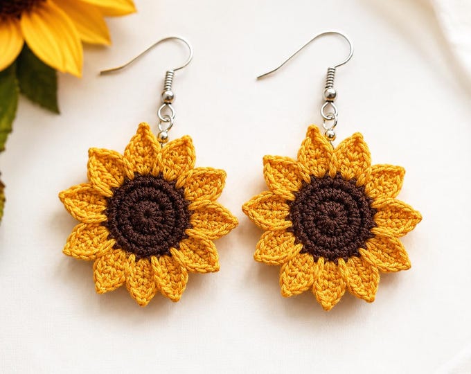Sunflower Crochet Earrings | Sterling Silver Hooks