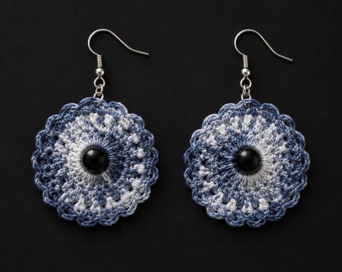 Blue & White Crochet Flower Earrings – Handmade Statement Earrings