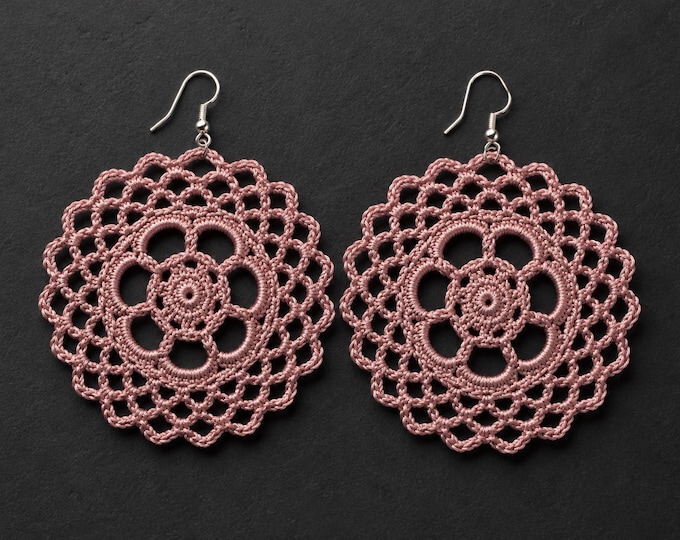 Dusty Rose Crochet Lace Earrings – Doily Statement Earrings