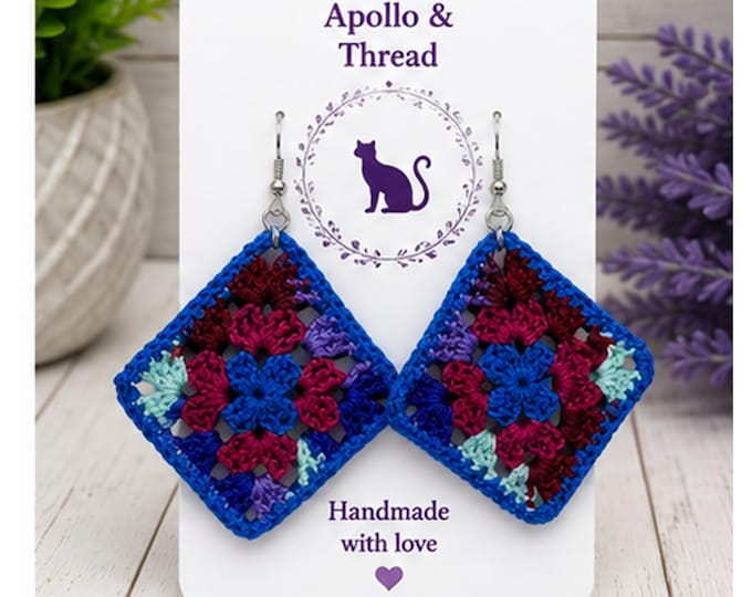 Blue Granny Square Crochet Earrings