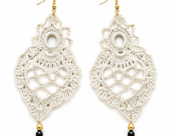 Ivory Crochet Lace Statement Earrings, Gold Black Beaded Dangles, Lightweight Fiber Jewelry