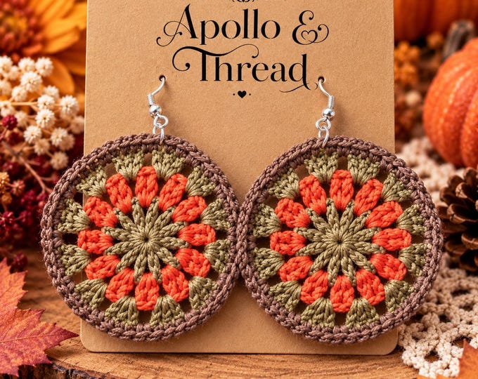 Crochet Mandala Earrings, Orange Olive & Brown