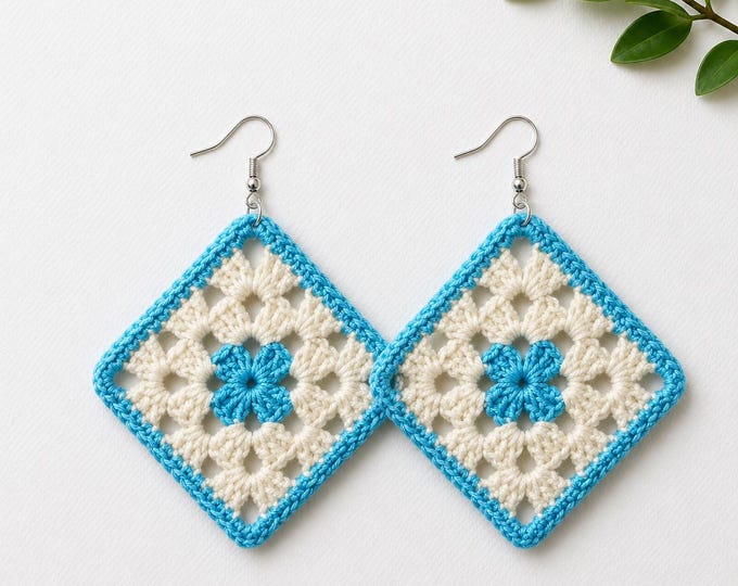 Blue & Cream Granny Square Crochet Earrings