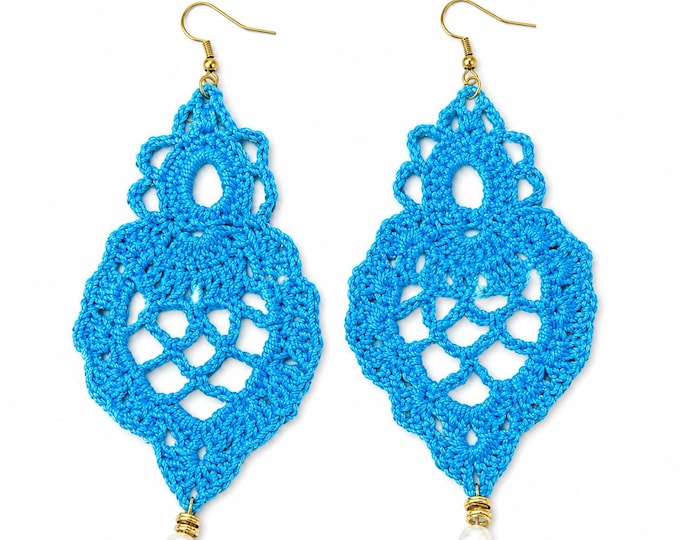 Handmade Blue Crochet Lace Teardrop Earrings, Pearl Dangle, Sterling Silver Hooks