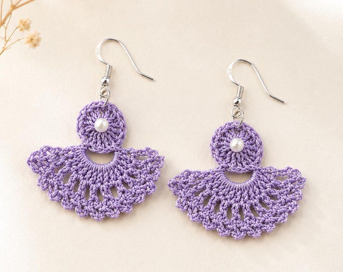 Handmade Lavender Crochet Fan Earrings, Sterling Silver Hooks, Faux Pearl Accent