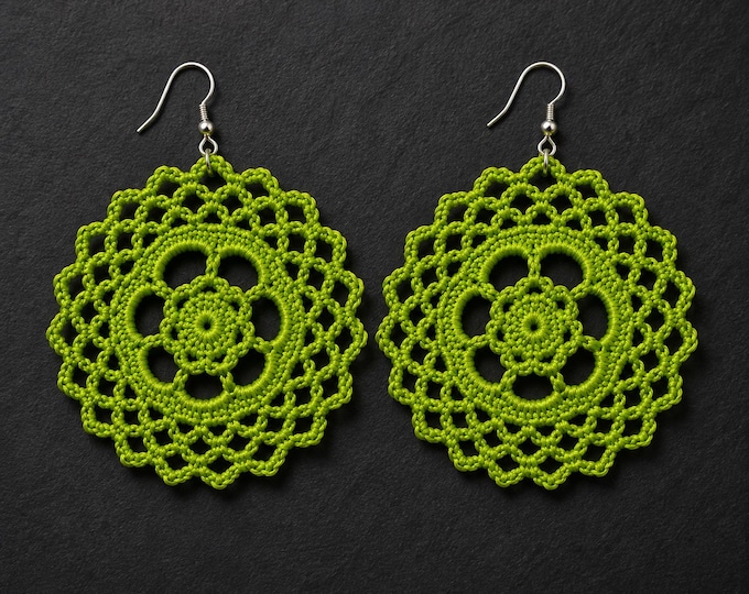 Green Crochet Lace Earrings – Doily Statement Earrings