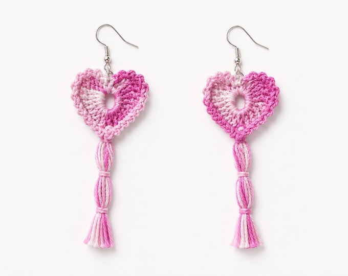 Pink Crochet Heart Earrings with Tassels, Handmade Statement Earrings