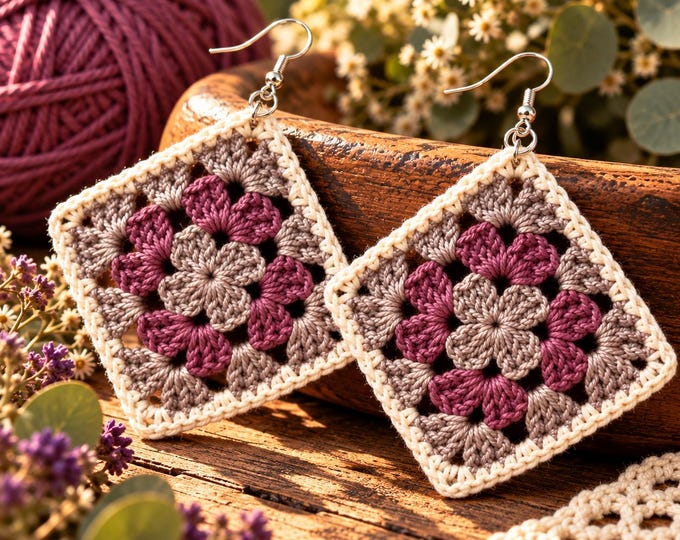 Plum & Taupe Crochet Granny Square Earrings