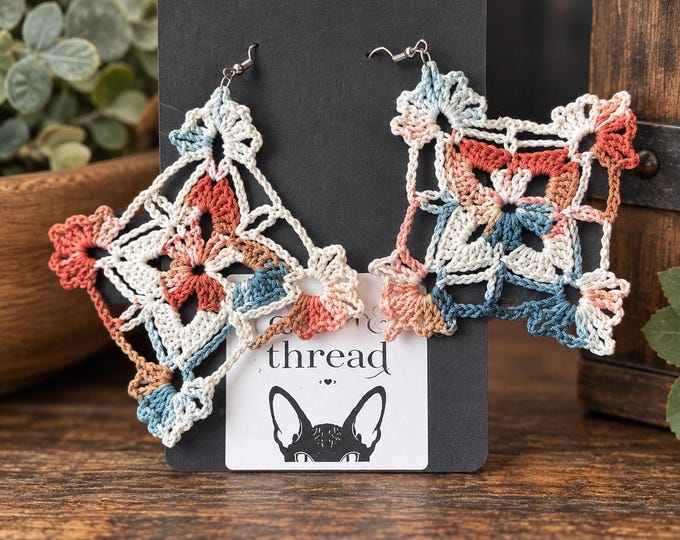 Handmade Crochet Lace Earrings, Variegated Boho Fiber Jewelry, Sterling Silver Hooks
