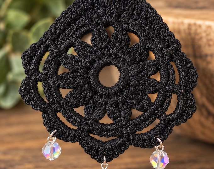 Handmade Black Crochet Lace Earrings, Iridescent Crystal Drops, Gothic Statement Jewelry