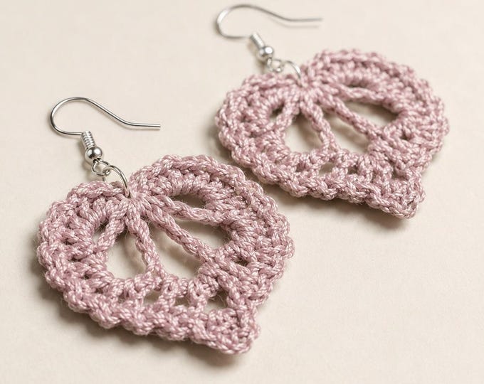Dusty Pink Crochet Heart Earrings, Sterling Silver Hooks, Lace Dangle Jewelry