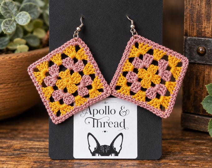 Crochet Granny Square Earrings, Pink and Gold Earrings