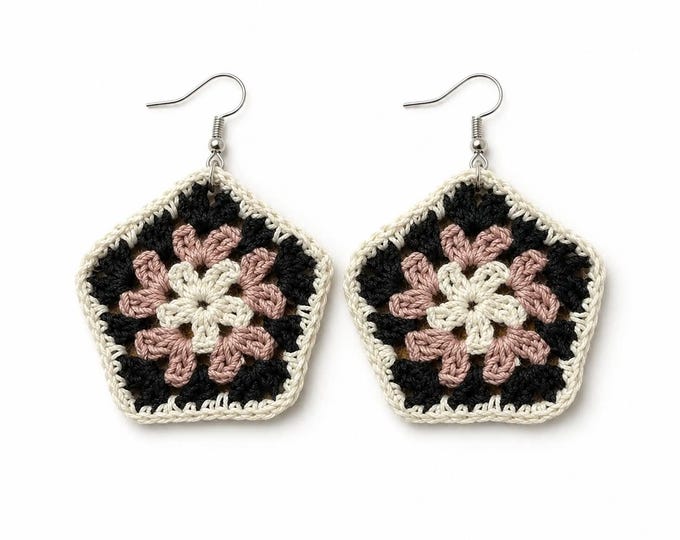 Crochet Granny Square Earrings, Pink Black Cream Floral, Sterling Silver Hooks, Boho Fiber Jewelry