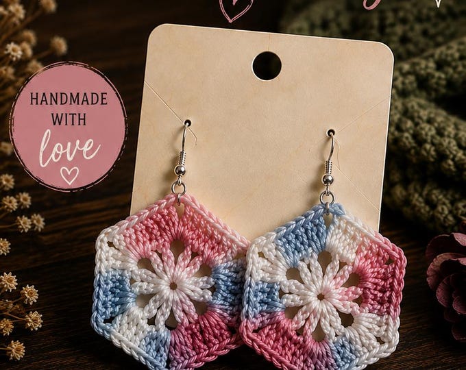 Handmade Mini Hexagon Crochet Earrings, Lightweight Colorful Jewelry, Sterling Silver Hooks