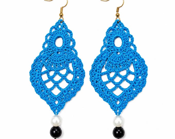 Handmade Blue Crochet Lace Teardrop Earrings, Pearl and Black Beads, Sterling Silver Hooks