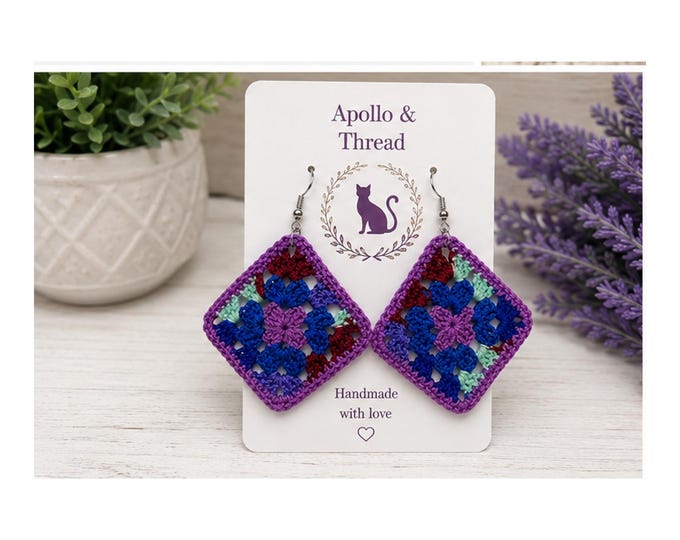 Purple and Blue Granny Square Earrings
