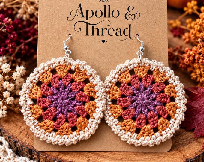 Crochet Mandala Earrings, Purple Rust Orange & Cream