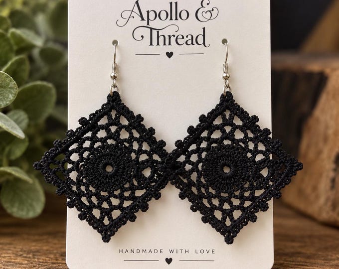 Black Crochet Lace Earrings, Handmade Statement Earrings