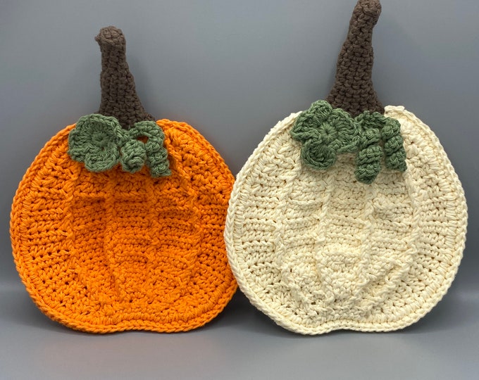 Set of 2 Crochet Pumpkin Potholders | Cotton Fall Kitchen Decor, Rustic Thanksgiving Accent