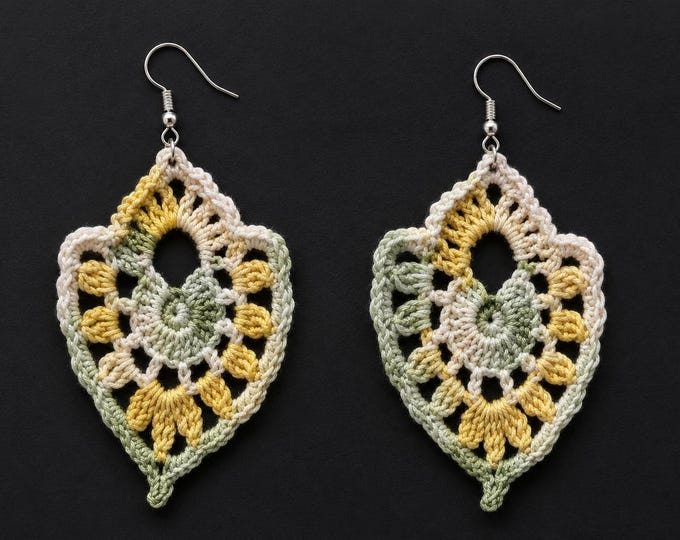 Crochet Leaf Earrings – Sage Green & Yellow Statement Earrings