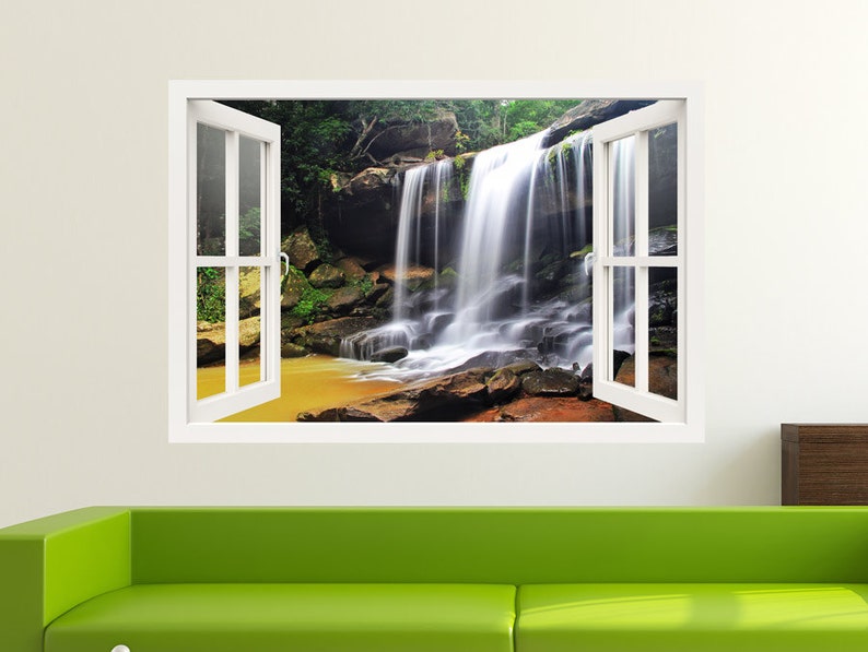 3d decal,3d wall decals 3D window wall decal window to reddish waterfall wall mural decal wall stickers for living room vinyl decal