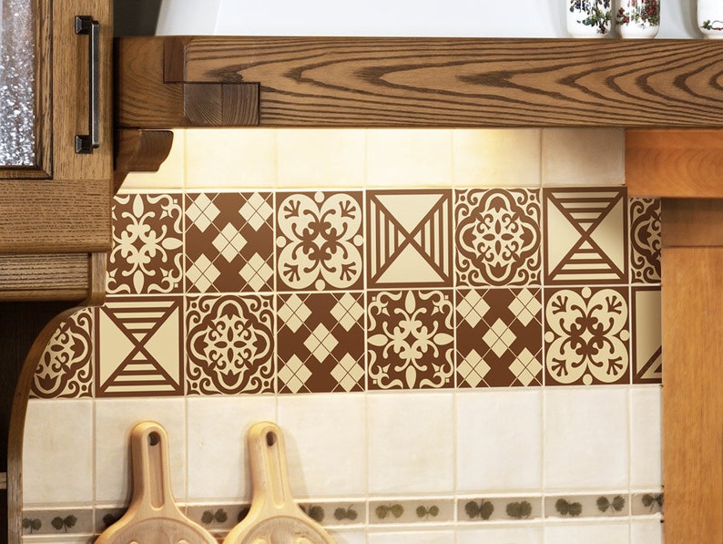 Tile Decals Set Of 15 Stickers For Kitchen Tiles Geometric Decal Milk Chocolate Backsplash Vintage Style Vinyl