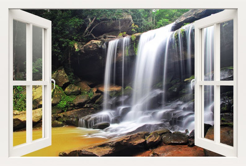3d decal,3d wall decals 3D window wall decal window to reddish waterfall wall mural decal wall stickers for living room vinyl decal