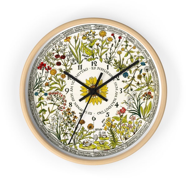 Wall Clock, printed with the botanical chart of Linnaeus's flower clock
