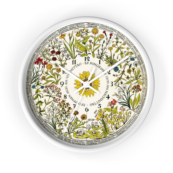 Wall Clock, printed with the botanical chart of Linnaeus's flower clock