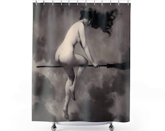 Départ pour le Sabbat - Departure for the Sabbath Art Shower Curtain,  Albert Joseph Pénot Naked Woman Witch on a Broom Print