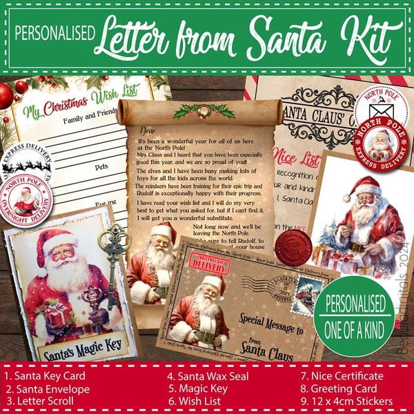Personalised Letter from Santa Kit, Letter Scroll, Nice/Wish, Magic Card Key,Free Notebook, Stickers, Greeting Card, Wax Seal & more